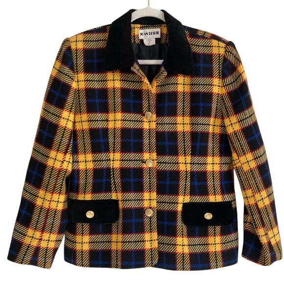 Vintage 90s Joan Leslie Yellow Black Tartan Wool Twill Velvet Blazer Size Medium - Picture 1 of 16
